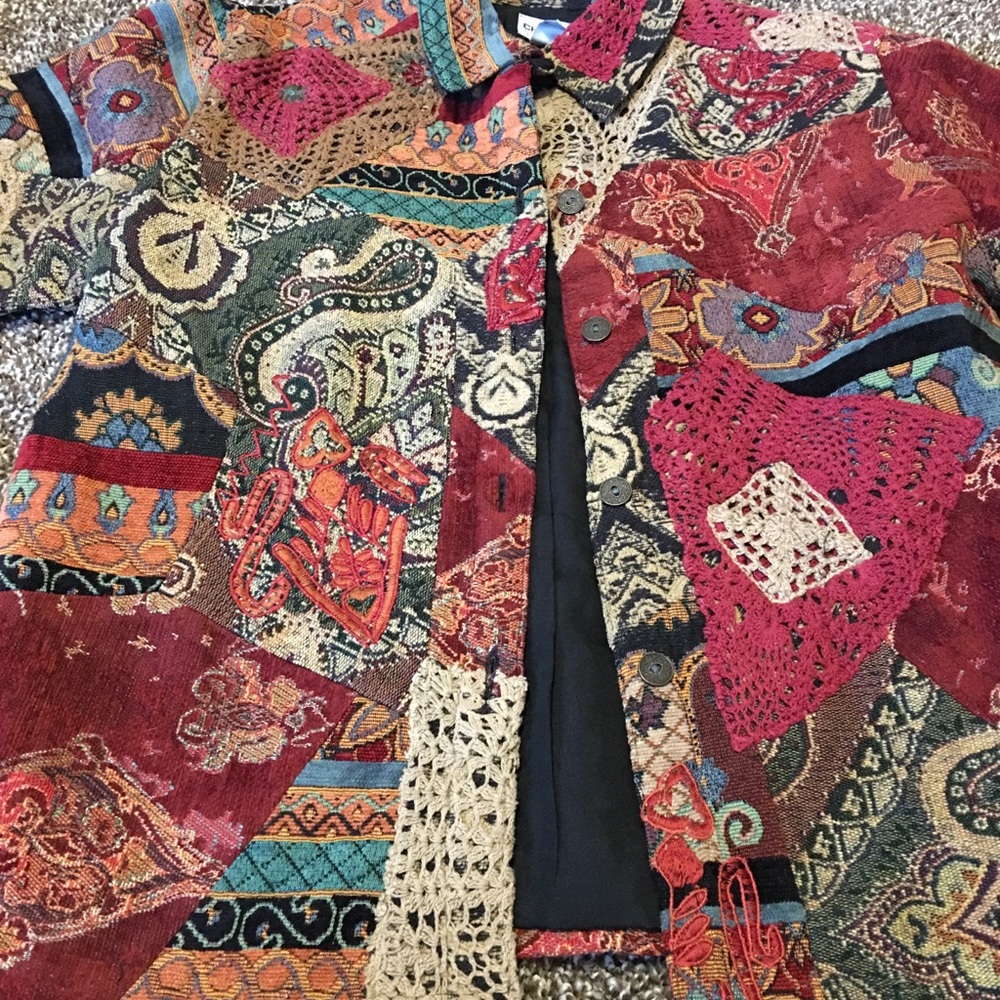 Chico’s Crochet Patchwork Jacket Sz 2 - image 2